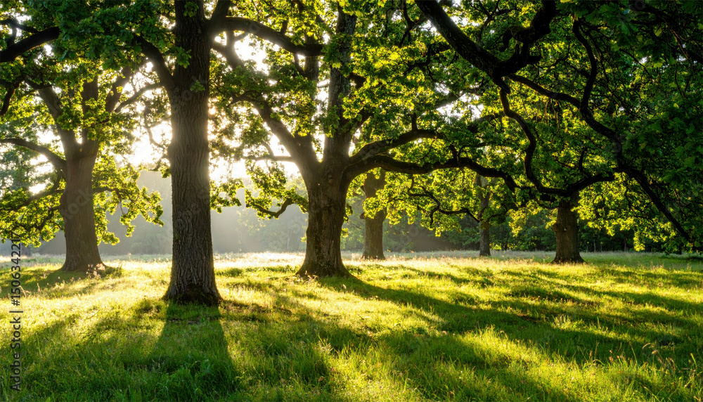 old oak tree foliage in morning light with sunlight old oak tree foliage in morning light with sunlight