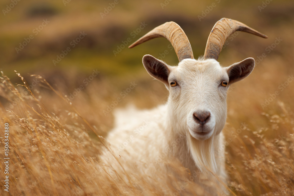 Fototapeta premium a goat with horns standing in a field of tall grass