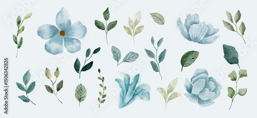light blue floral and leaves watercolor collection