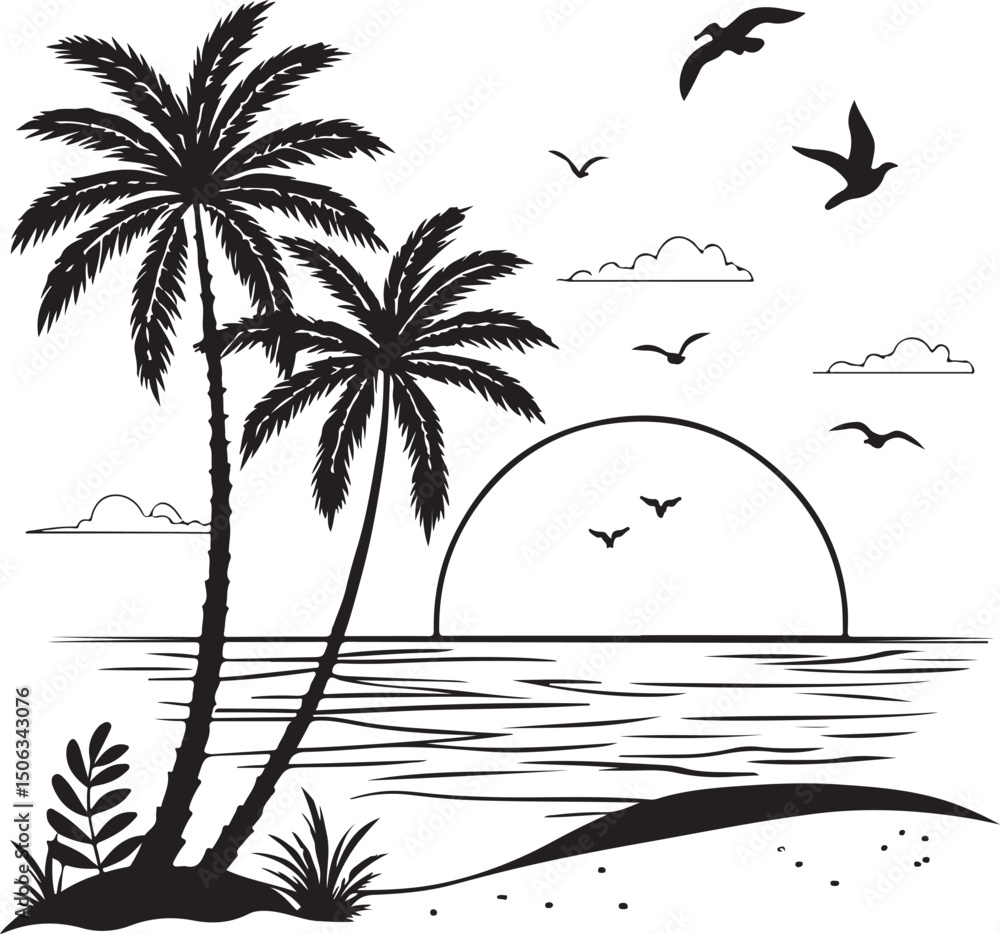 Naklejka premium Tropical beach sunset with silhouetted palm trees