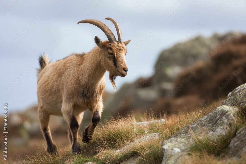 a goat with long horns standing on a rocky hill a goat with long horns standing on a rocky hill