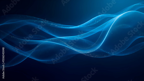Abstract waves of blue light with dark blue and silver particles. They are elegantly intertwined on a dark background.