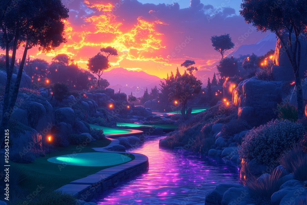Fototapeta premium Fantasy golf course sunset, glowing river, hills. Game design