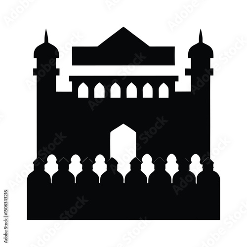 Silhouette of a mosque with attendees depicting a religious gathering in black and white