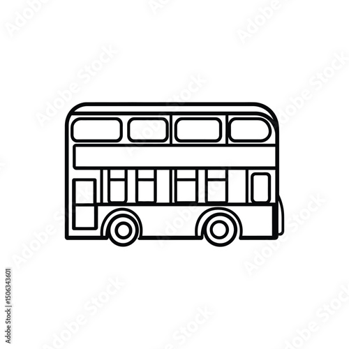 Simple line art illustrates a double decker bus in black with transparent background