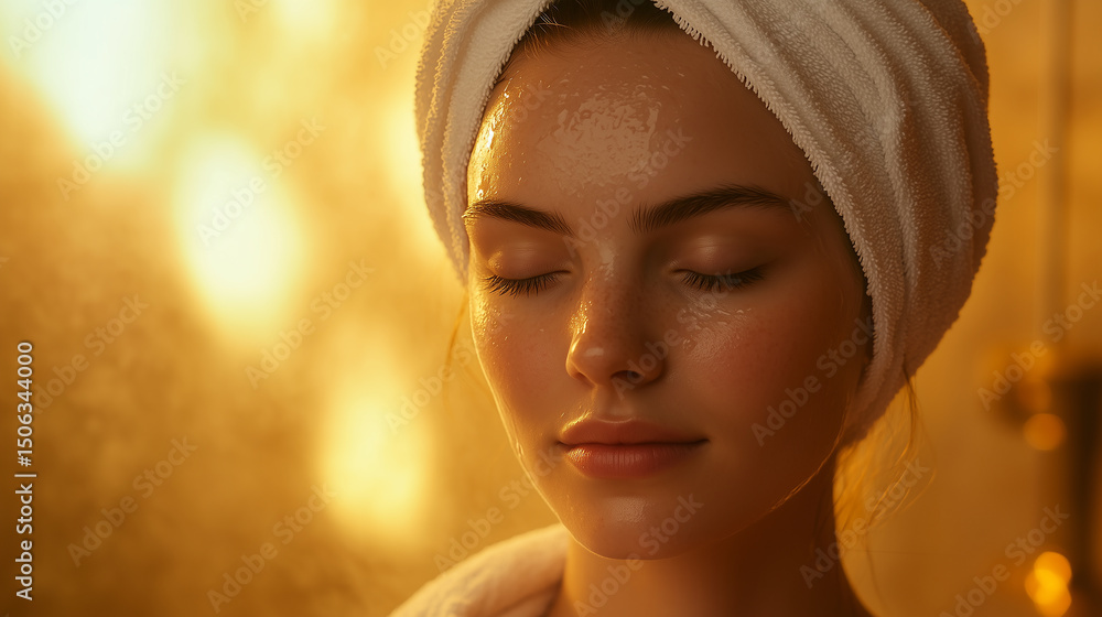 Fototapeta premium Serene young woman with spa towel wrapped around head, soft warm lighting in blurred spa environment with subtle steam effect