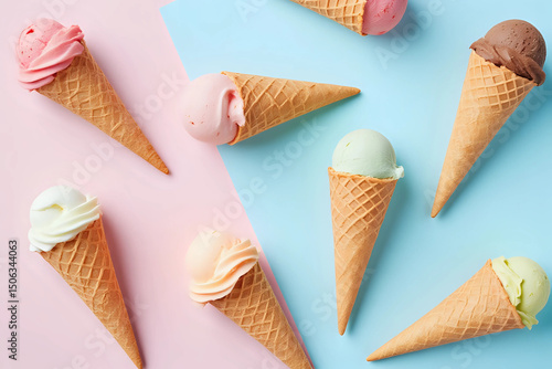 Ice cream waffle cones on pastel pink and blue background, top view flat lay modern minimal composition. 3d rendering.