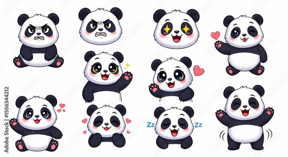 Obraz premium Cute Panda Bear Emoticon Set