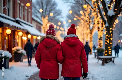 A couple in winter down jackets walks along a decorated street for Christmas and New Year