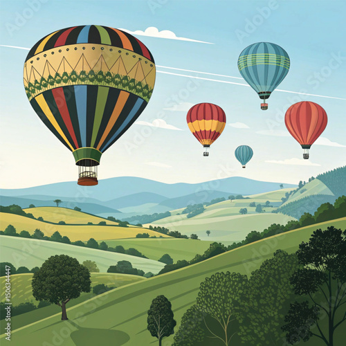 Colorful hot air balloons dot the summer sky, floating freely across the blue landscape for an adventurous flight