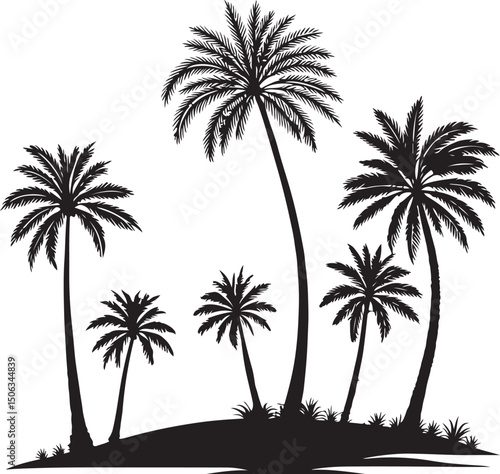 Tropical island sunset with palm tree silhouettes on the beach