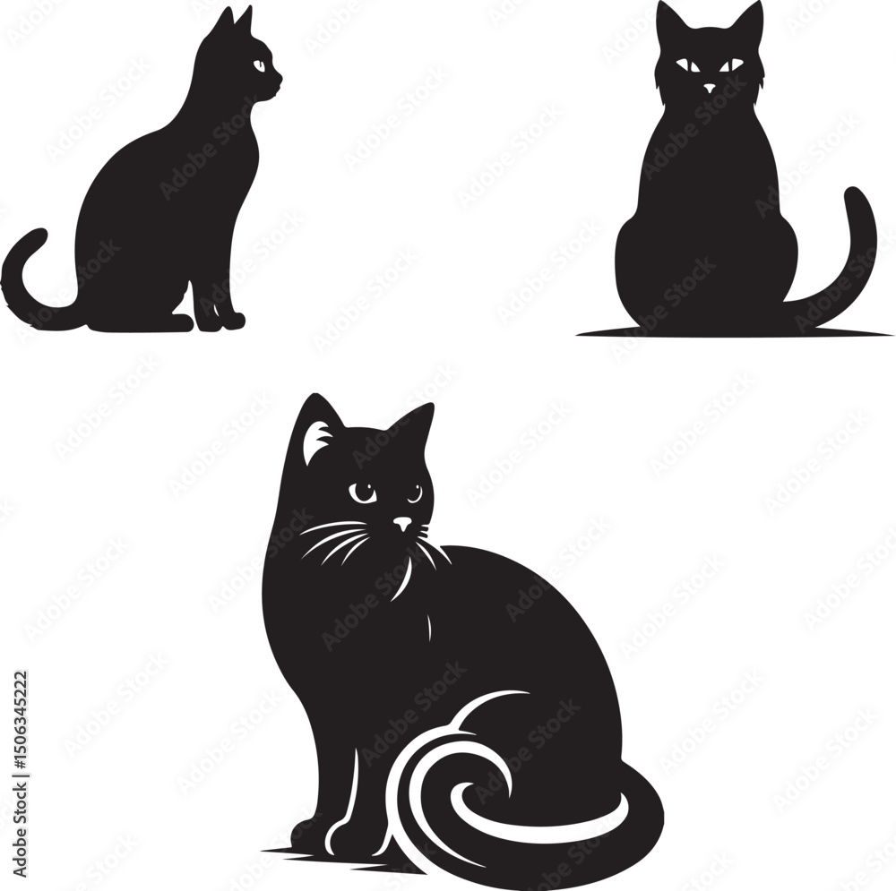 A cute set of black and white cat silhouettes, perfect for animal cartoon vector illustrations, depicting domestic feline kittens sitting with their tails A cute set of black and white cat silhouettes, perfect for animal cartoon vector illustrations, depicting domestic feline kittens sitting with their tails