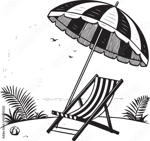 Summer vacation with beach chairs and umbrella on the sand by the sea