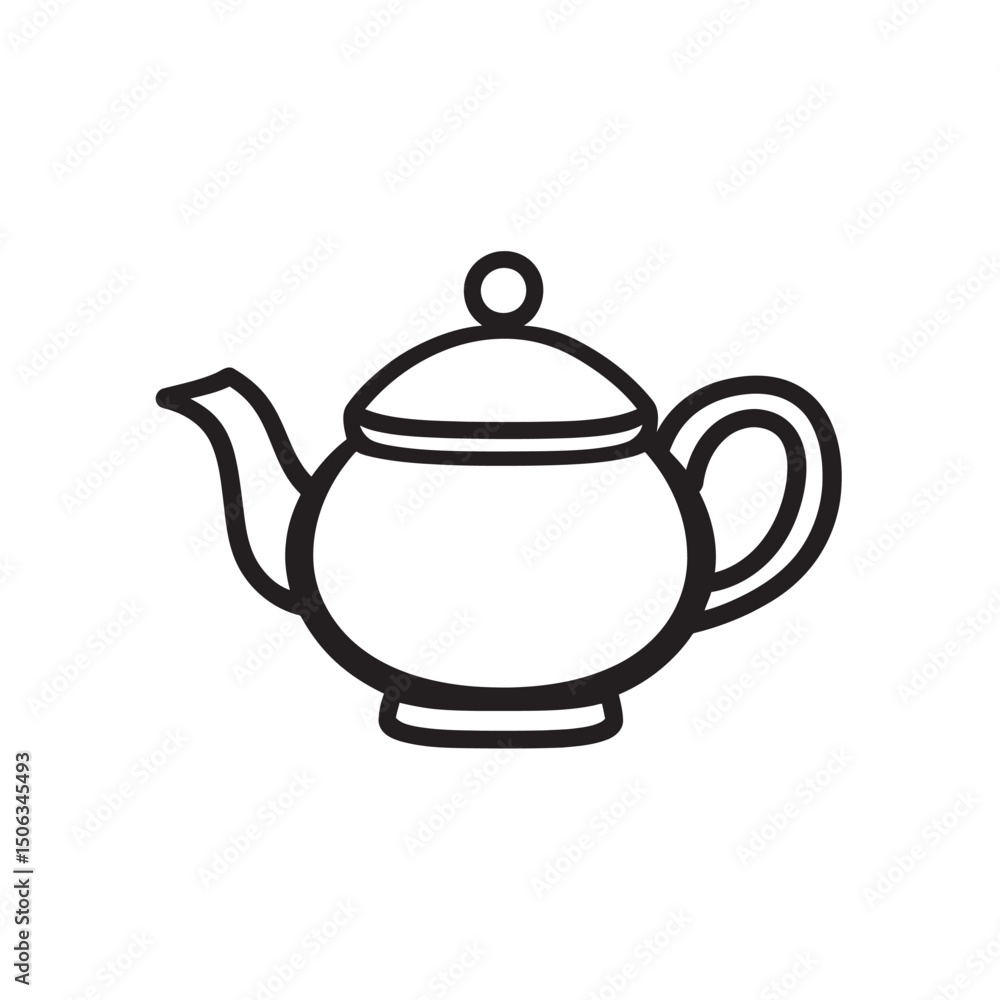 Simple line drawing exhibits traditional teapot with curved spout, handle, and lid on white Simple line drawing exhibits traditional teapot with curved spout, handle, and lid on white