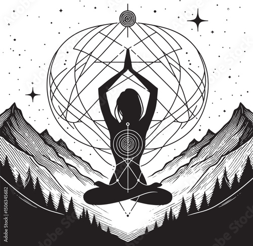 Yoga in the mountains. Woman practicing yoga. Vector illustration..eps