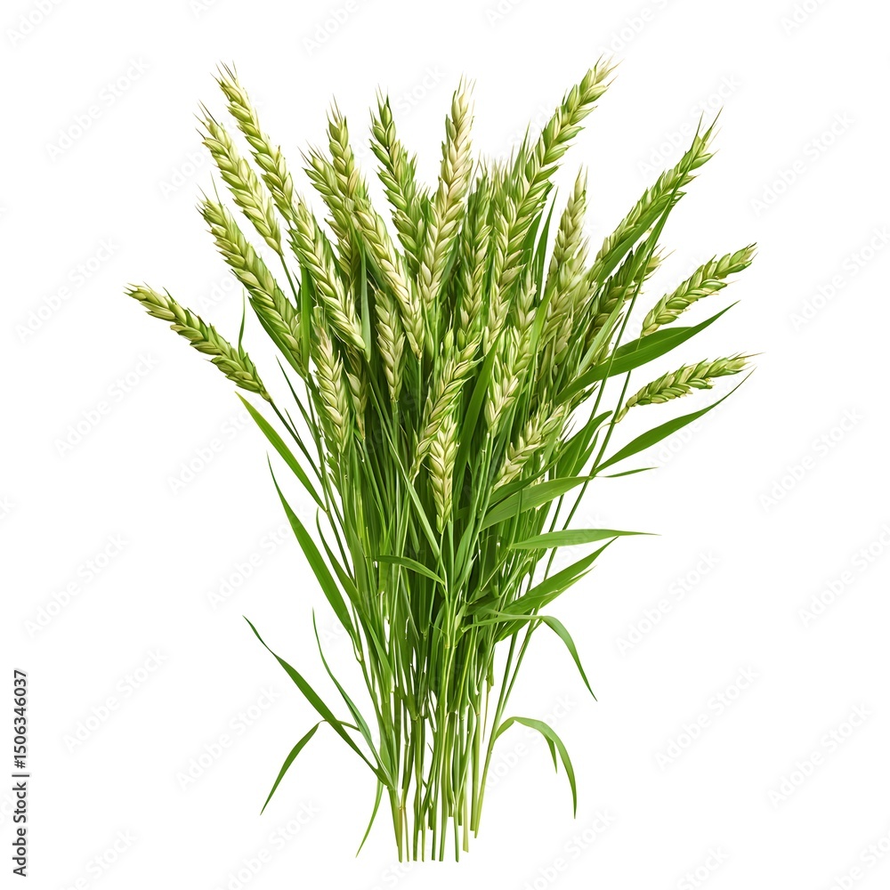 Fototapeta premium Fresh green wheat bunch close-up with detailed grains and vibrant foliage isolated on white background for agricultural, farming, and crop growth themes