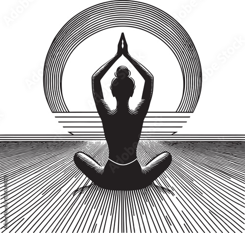 Yoga in the lotus position. Black and white vector illustration front view lines.eps