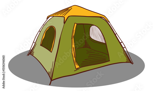 Camping Tent Green and Yellow Color. Outdoor Adventure and Travel Elements. Minimal Vector Illustration. Retro color