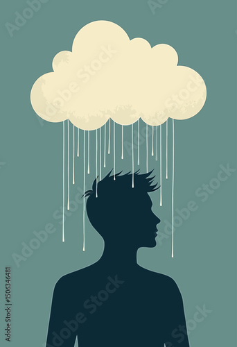 Flat vector artwork portraying a human figure with a storm cloud embedded in their head, visually representing mental fatigue, sadness, and psychological overwhelm in a symbolic and abstract style
