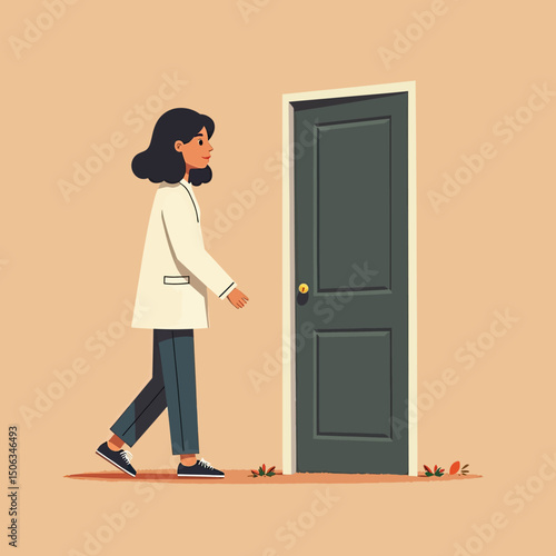 Flat surreal illustration of a genderless person opening a door on their own chest and walking through it, symbolizing self-discovery, introspection, and emotional transformation
