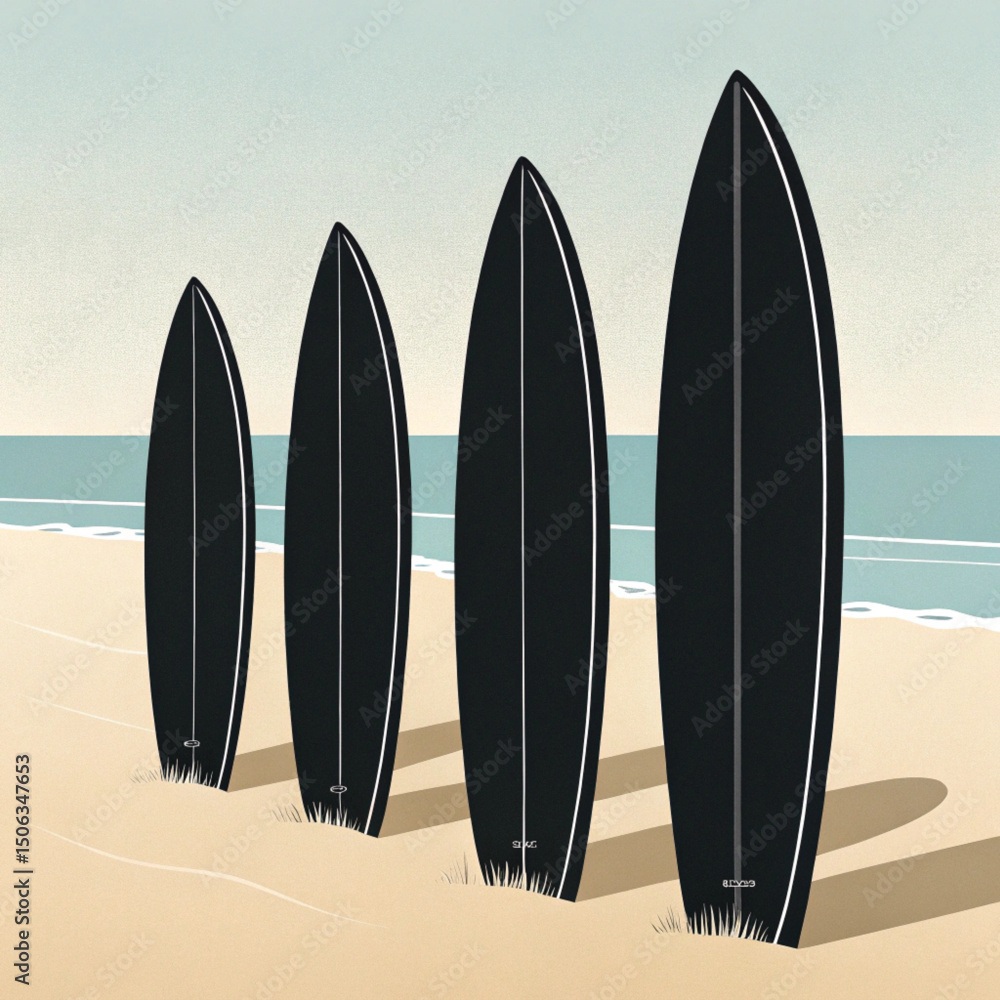Tropical surfboards on a summer beach wave illustrate the ocean sport design Tropical surfboards on a summer beach wave illustrate the ocean sport design