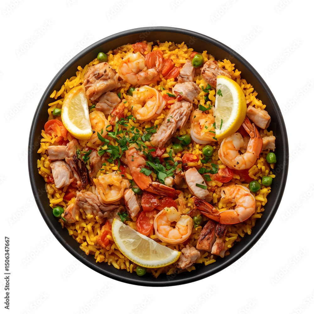 Traditional Spanish Paella, Close-Up Top View with Shrimp, Chicken, Vegetables, and Lemon Garnish Traditional Spanish Paella, Close-Up Top View with Shrimp, Chicken, Vegetables, and Lemon Garnish