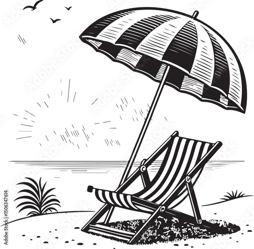 Summer beach vacation with an umbrella and chair on the sand