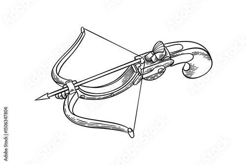 drawing illustration of crossbow with engraving style