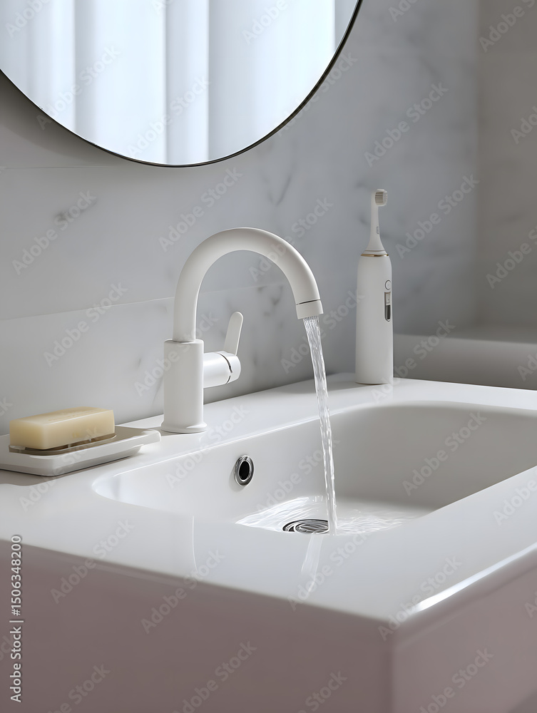 Fototapeta premium Modern White Sink with Marble Backsplash and Round Mirror