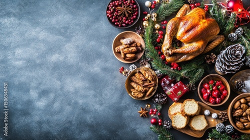 festive feast: a christmas holiday table setting with roasted turkey, side dishes, and traditional decorations on a textured gray background creating a cozy and inviting atmosphere
