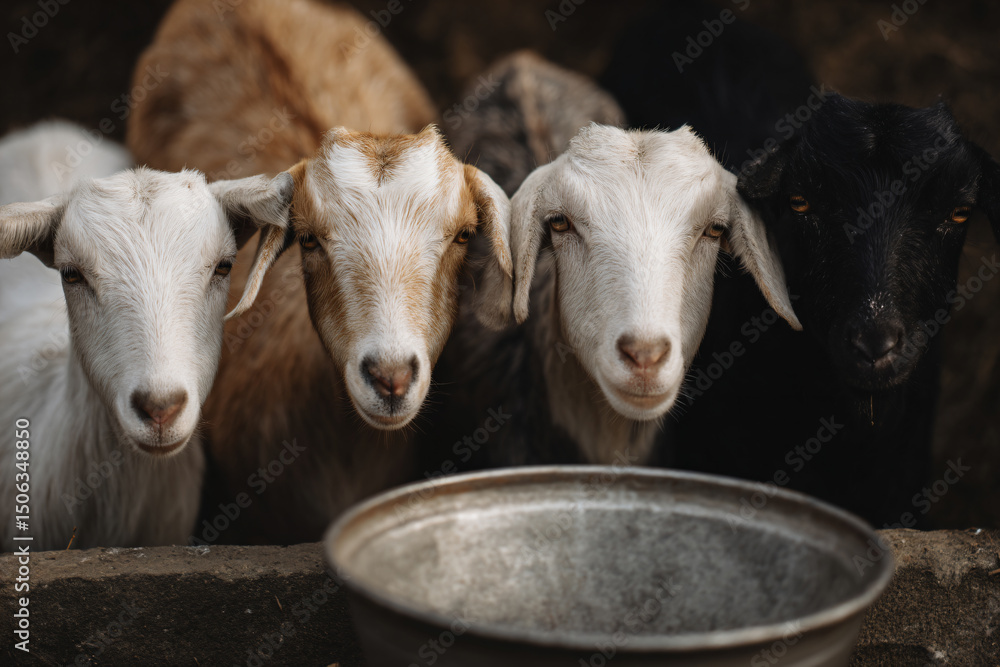 Obraz premium a group of goats standing next to a metal bowl