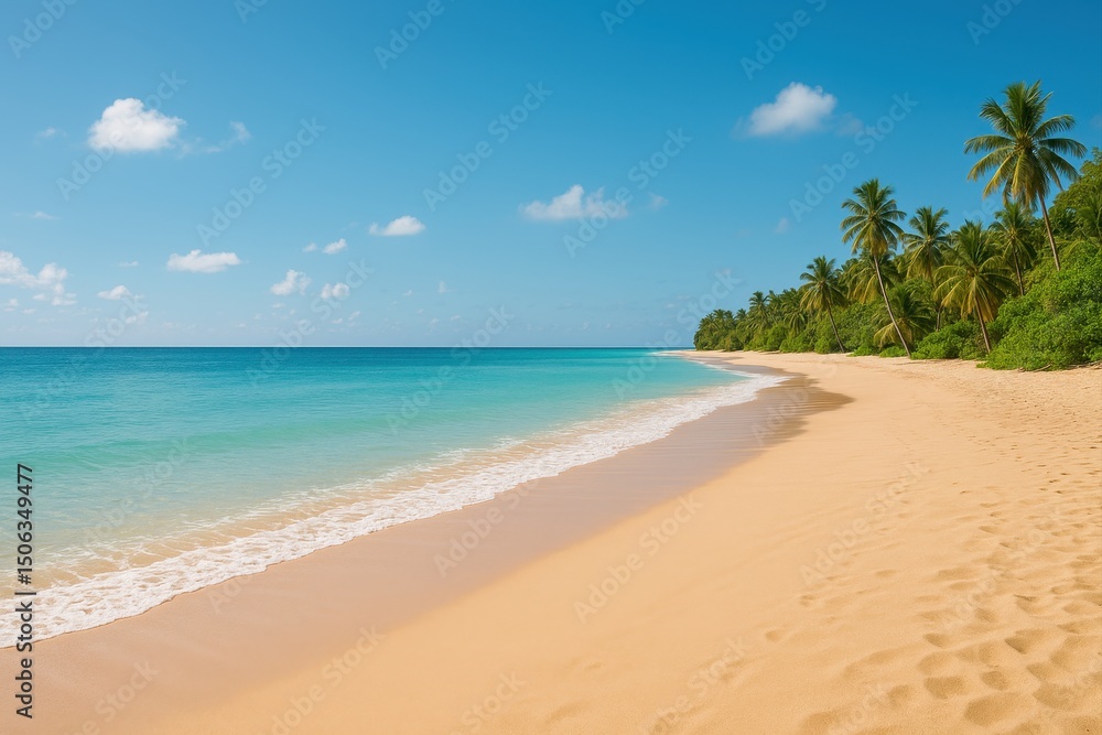Obraz premium Serene Tropical Beach with Crystal Clear Water and Golden Sand Under a Bright Blue Sky Surrounded by Lush Green Palm Trees
