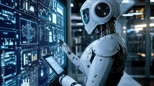 Advanced AI Robot Analyzing Data on a Large Screen