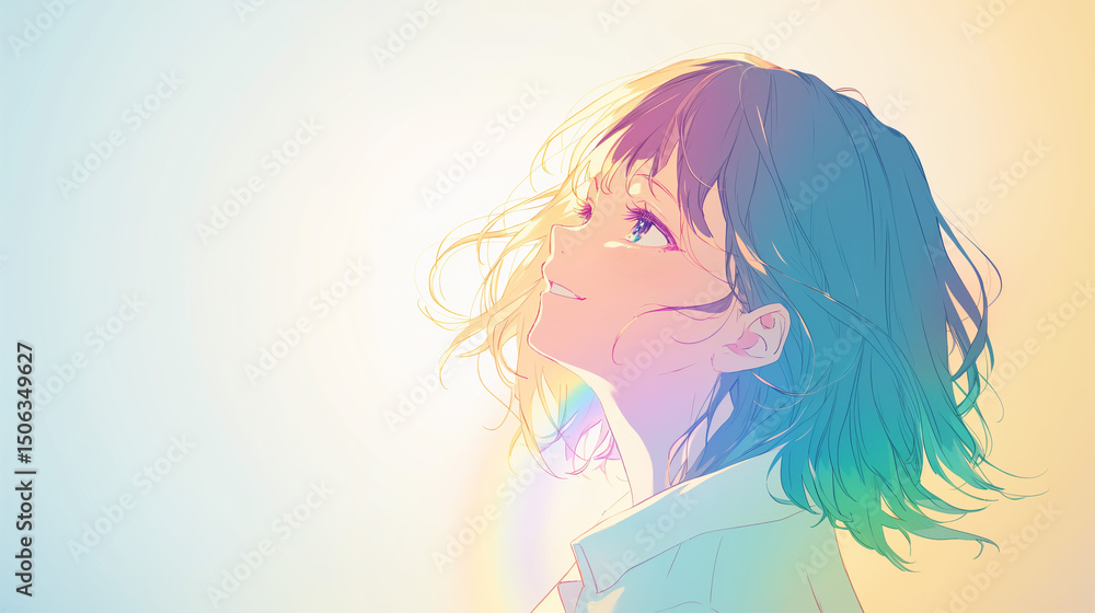虹色の光が当たる若い女性の横顔 虹色の光が当たる若い女性の横顔