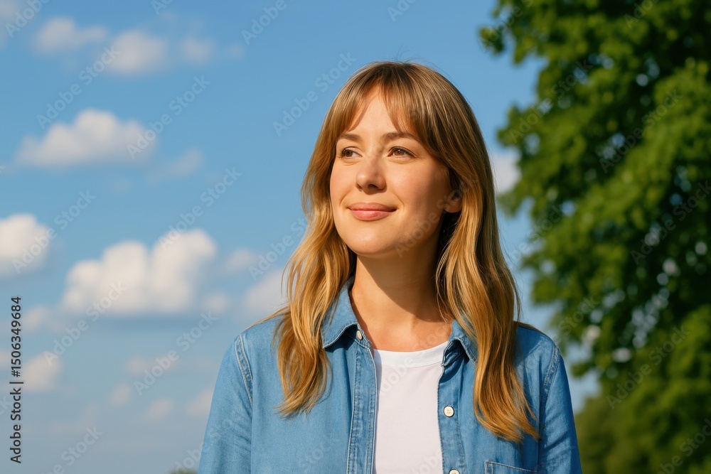 Young woman with long hair and casual attire enjoying a sunny day outdoors in a bright blue sky with fluffy clouds and lush green trees in the background Young woman with long hair and casual attire enjoying a sunny day outdoors in a bright blue sky with fluffy clouds and lush green trees in the background
