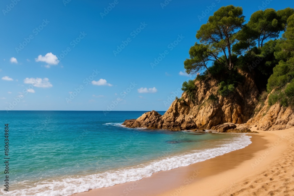 Scenic Coastal View with Clear Turquoise Water, Sandy Beach, Rocky Cliff, and Lush Green Trees Under a Bright Blue Sky Scenic Coastal View with Clear Turquoise Water, Sandy Beach, Rocky Cliff, and Lush Green Trees Under a Bright Blue Sky
