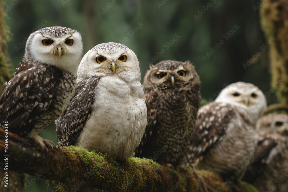 Fototapeta premium a group of owls sitting on a branch