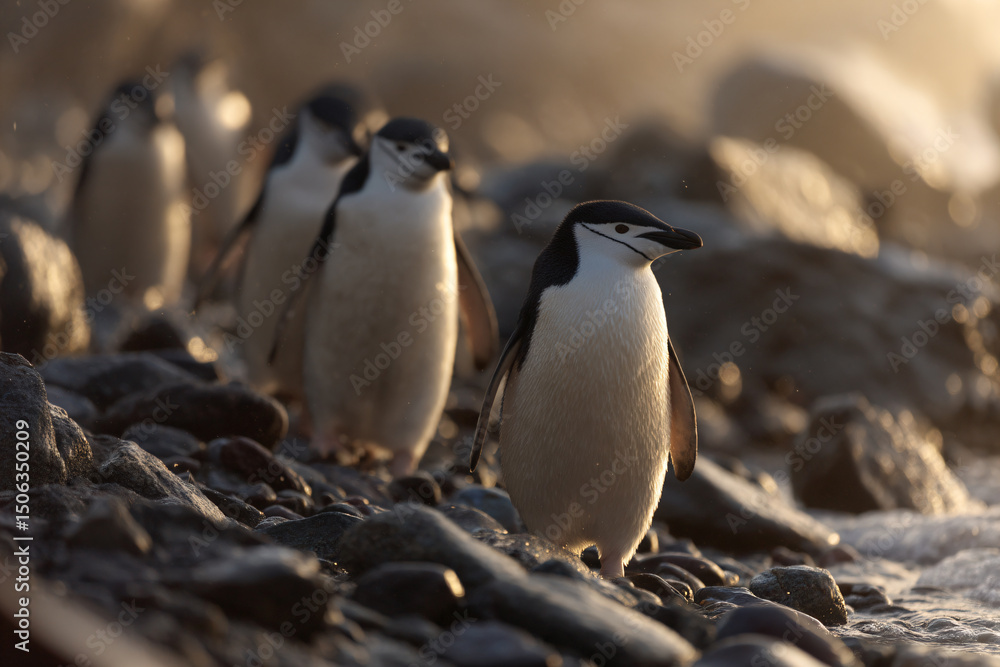 Naklejka premium a group of penguins walking along a rocky beach