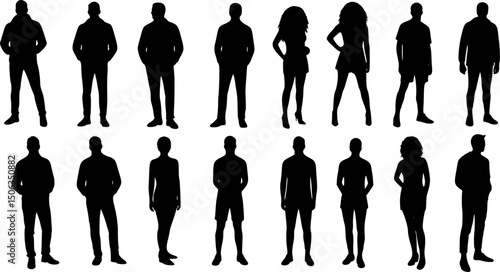 Vector silhouettes man and women, illustration. Silhouettes of young people posing in casual clothes. EPS 10 version.	