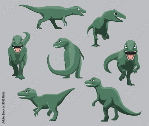 Cartoon Dinosaur Allosaurus Cute Various Poses Cartoon Vector Illustration