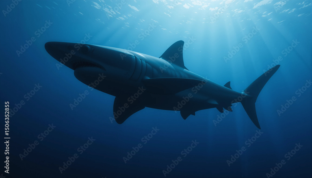Naklejka premium Majestic Shark in the Deep: A powerful shark glides through the depths of the ocean, its silhouette illuminated by beams of sunlight, evoking the mystery and wonder of the underwater world.