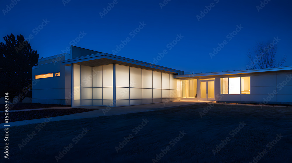 Modern home at dusk with warm interior lights, minimalist design. Cozy contemporary living in harmony with twilight. Modern home at dusk with warm interior lights, minimalist design. Cozy contemporary living in harmony with twilight.