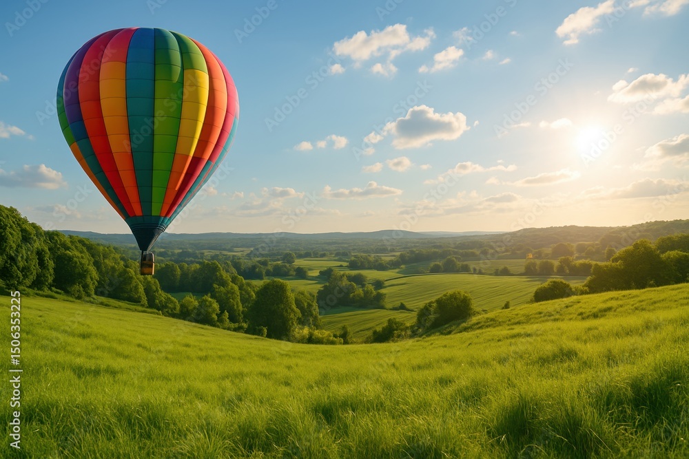 Obraz premium Colorful Hot Air Balloon Gliding Over Verdant Green Hills at Sunrise with Soft Clouds and Serene Landscape in Background