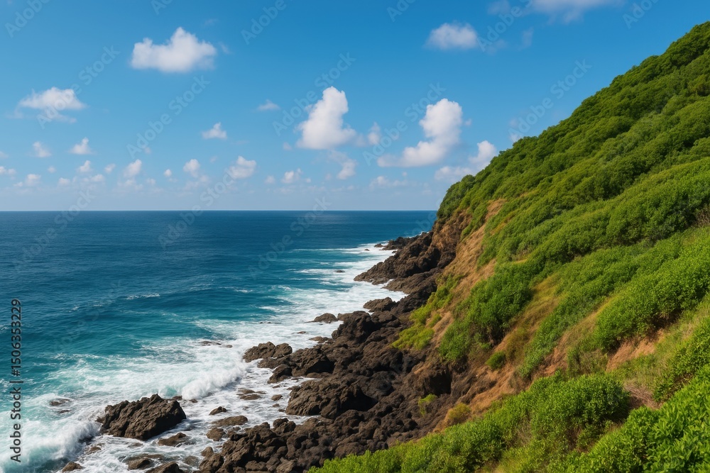 Fototapeta premium Scenic coastal view with lush green hills, rocky shoreline, and vibrant blue ocean under a bright sky with fluffy white clouds
