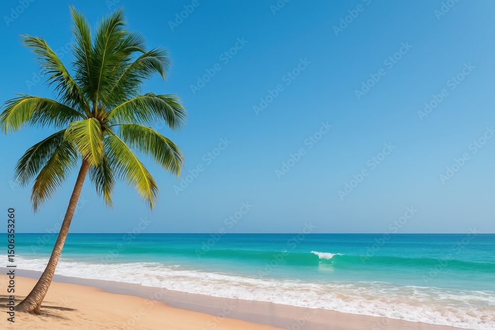 Naklejka premium Serene Tropical Beach with a Palm Tree, Soft Waves, and Clear Blue Sky on a Sunny Day in Paradise
