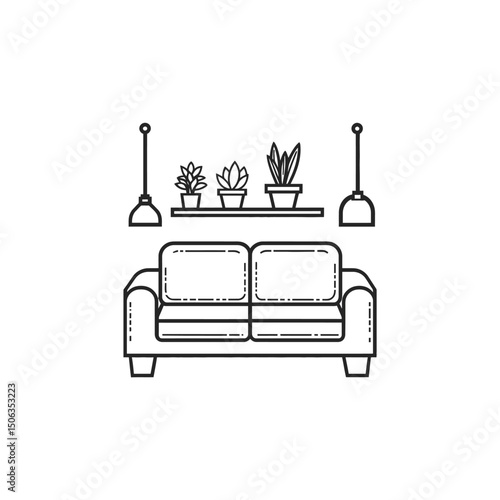 Simple outline of sofa below plants and pendant lights shows modern interior