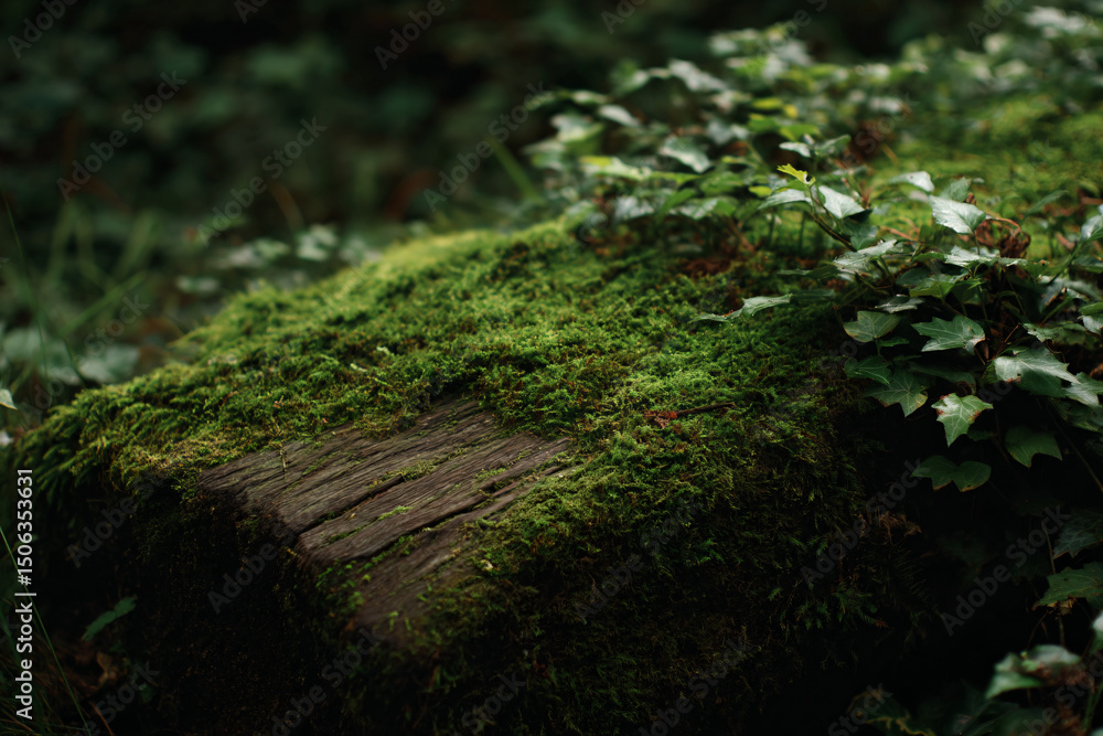 a moss covered log in the woods with a plant growing on it a moss covered log in the woods with a plant growing on it