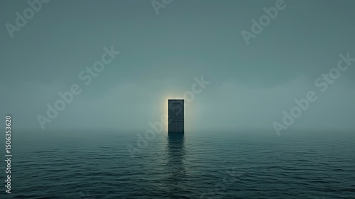 A solitary dark door in a foggy ocean