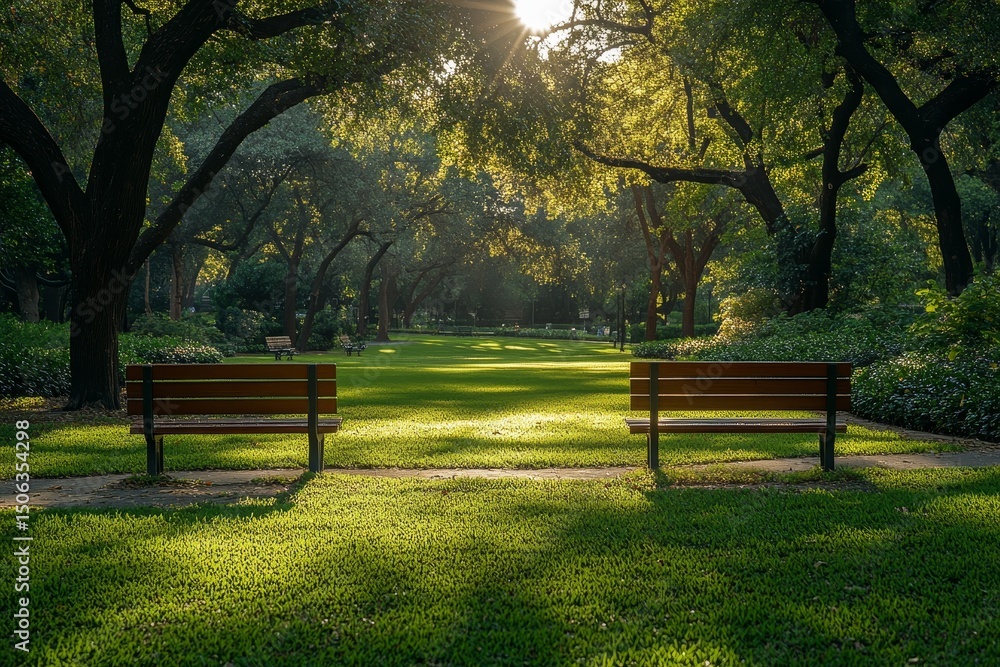 Sunlit park benches, green lawn, trees, peaceful morning Sunlit park benches, green lawn, trees, peaceful morning