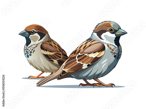 Two house sparrows illustration isolated on white background
